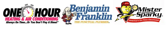 logos for mister sparky, benjamin franklin plumbing and one hour heating and air conditioning