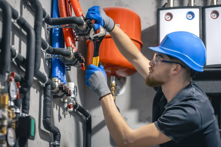 Plumbing Practices, A man installs a heating system in a house and checks the pipes with a wrench.