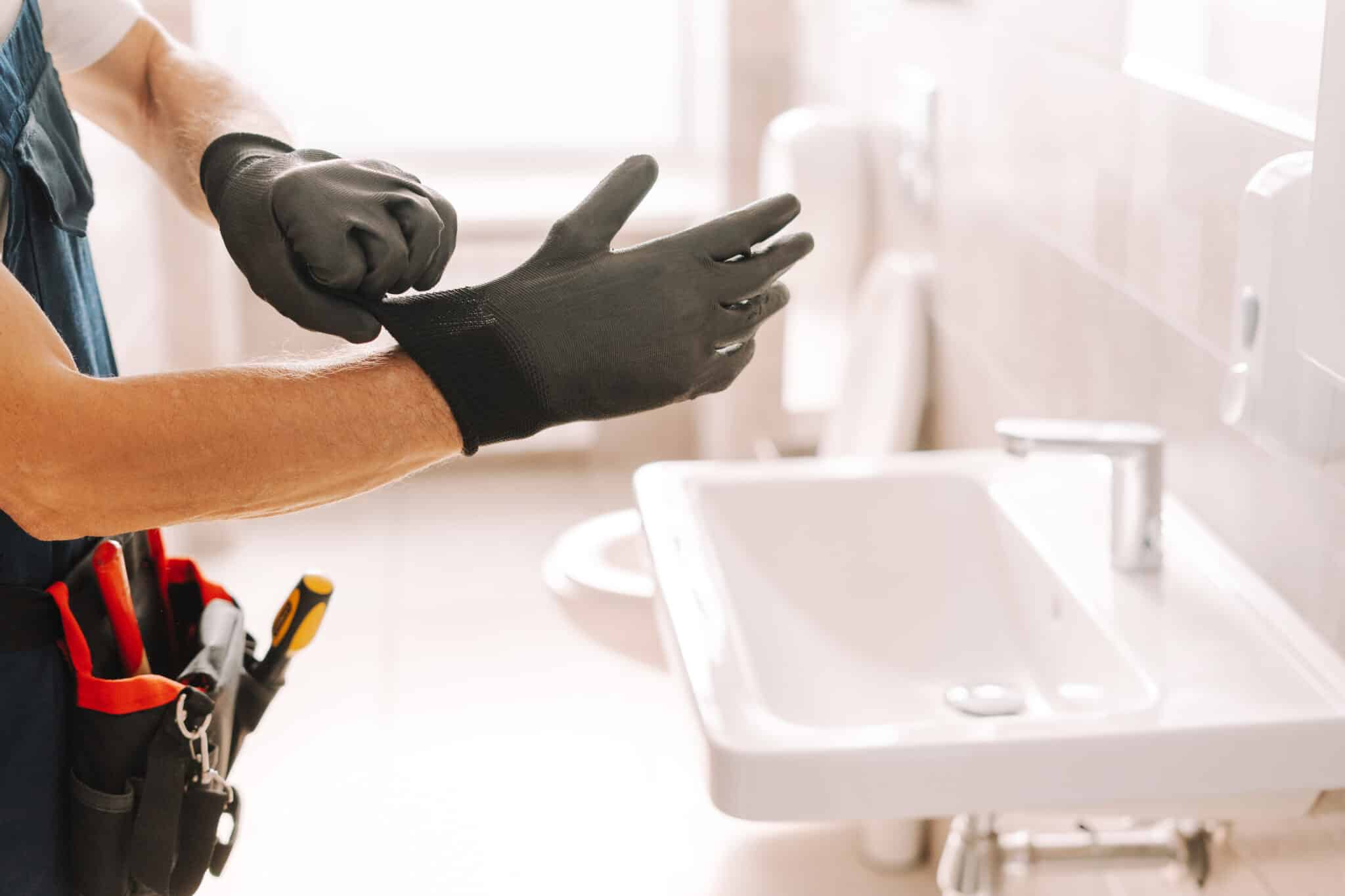 Plumber wearing protective gloves preparing for work, Plumbing Safety Protocols.