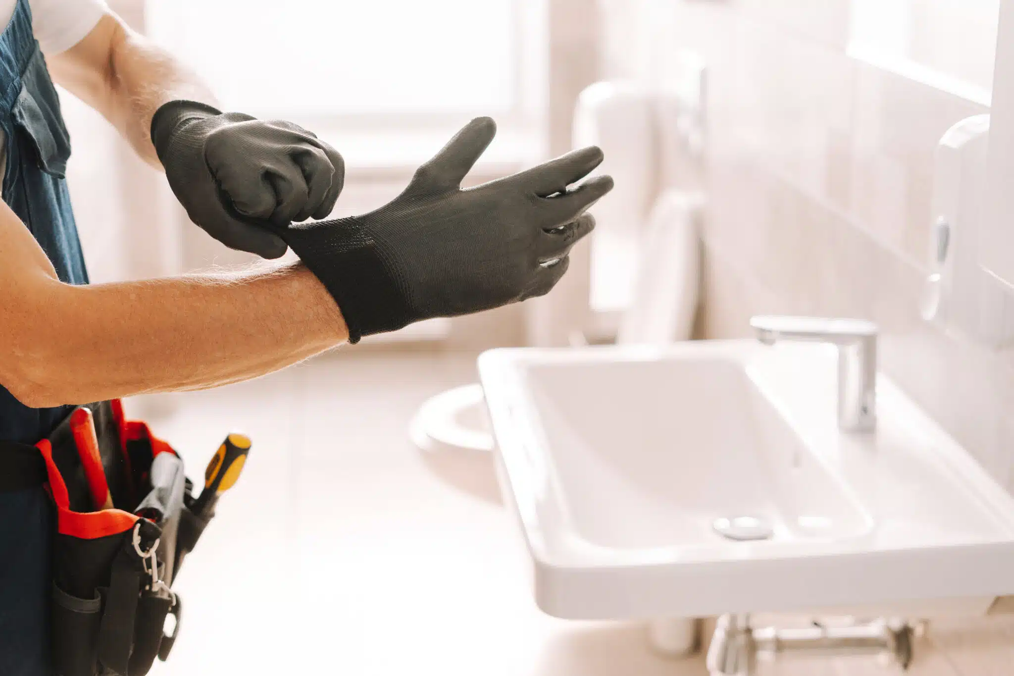 Plumber wearing protective gloves preparing for work, Plumbing Safety Protocols.