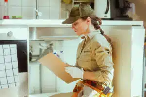 Plumber checking under sink, Video pipe inspections.